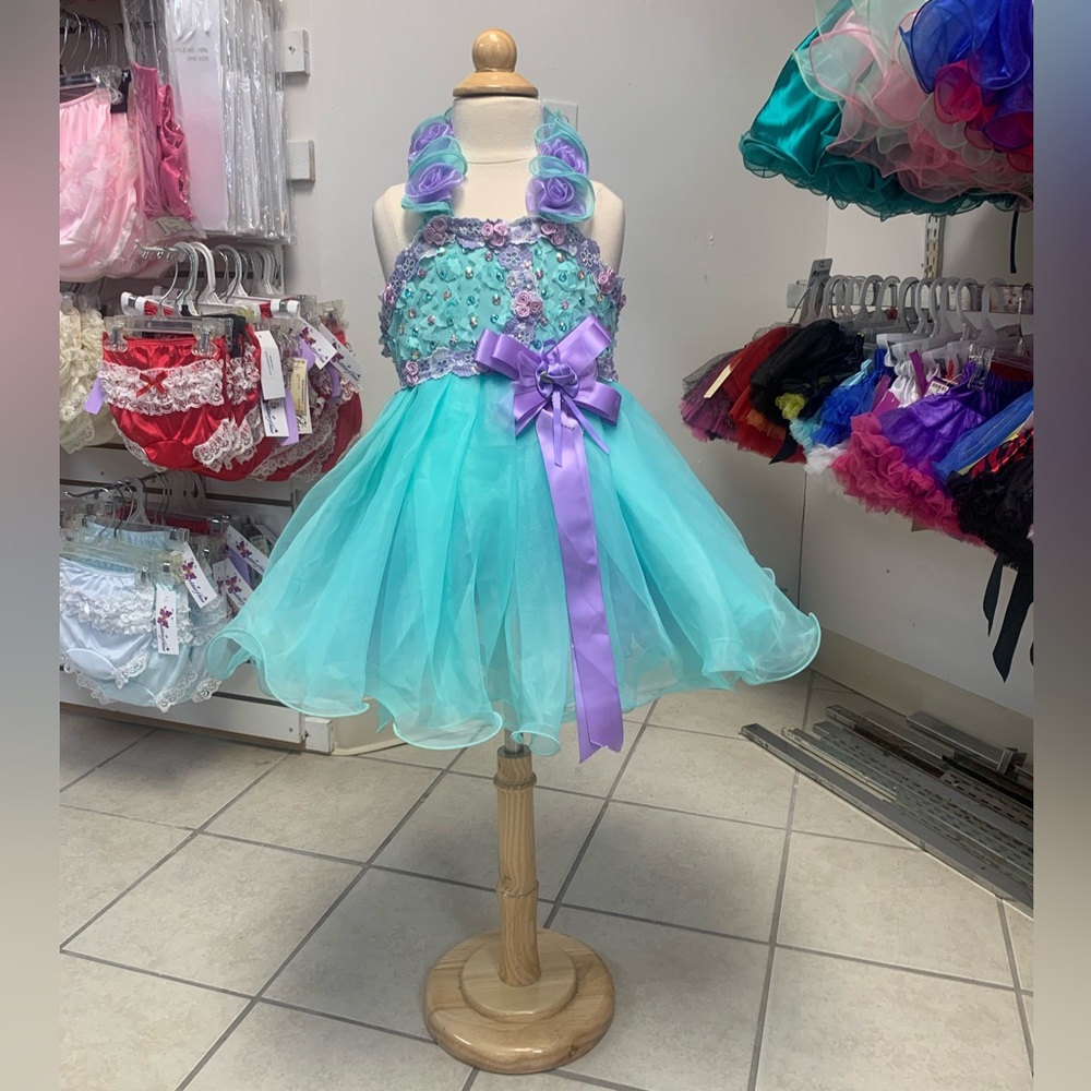 Size 3 Aqua & Lilac Beaded Halter Neck Southern Cupcake Pageant Dress NWT